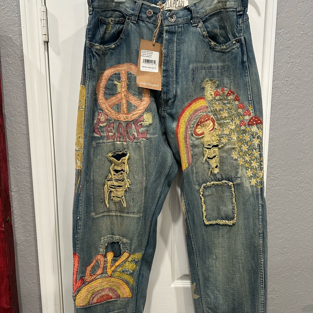 Embroidered Peace and Love Jeans